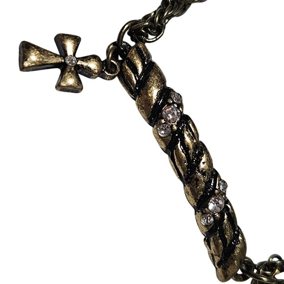 Antique Cross Charm Brass Tone Chain Bracelet Rhinestones Accent Religious Women - Picture 2 of 5